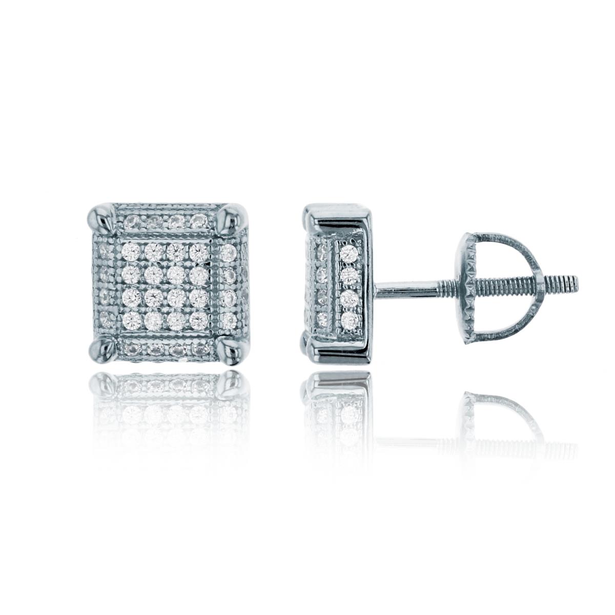 Sterling Silver Rhodium Polished 8mm Micropave Square Screw-Back Stud Earring