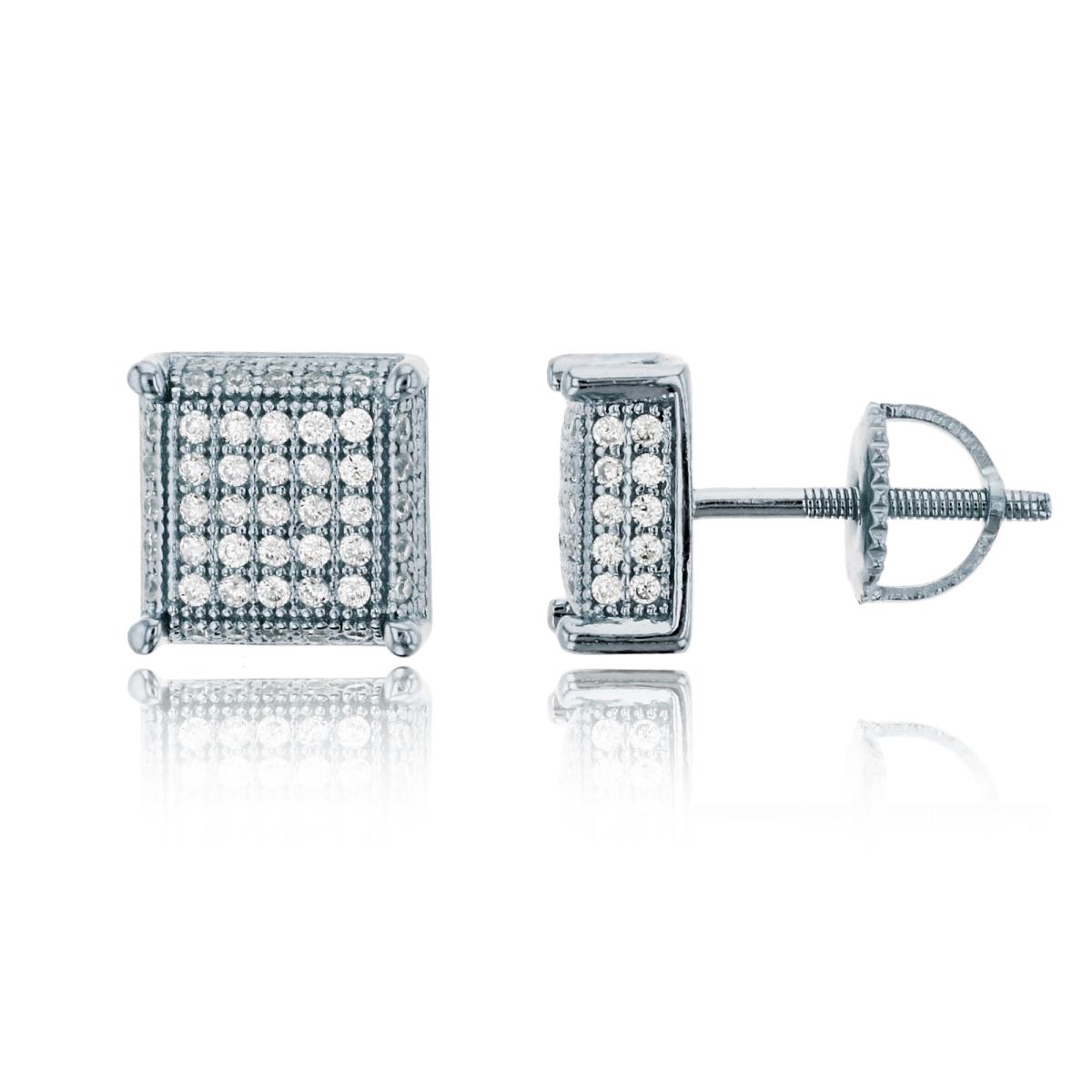 Sterling Silver Rhodium Polished 9mm Micropave Prong Square Screw-Back Stud Earring