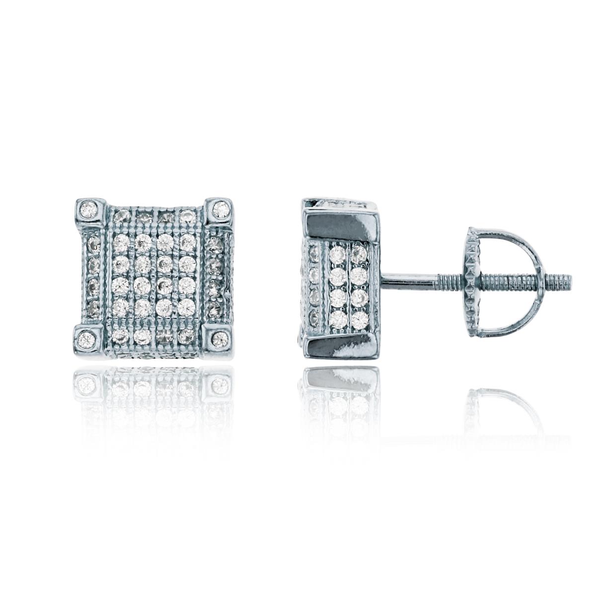Sterling Silver Rhodium Pave 8.60mm Prong Square Screw-Back Stud Earring