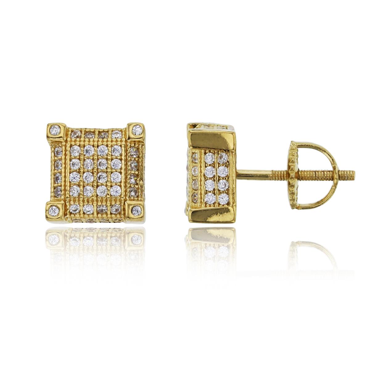 Sterling Silver Yellow Pave 8.60mm Prong Square Screw-Back Stud Earring