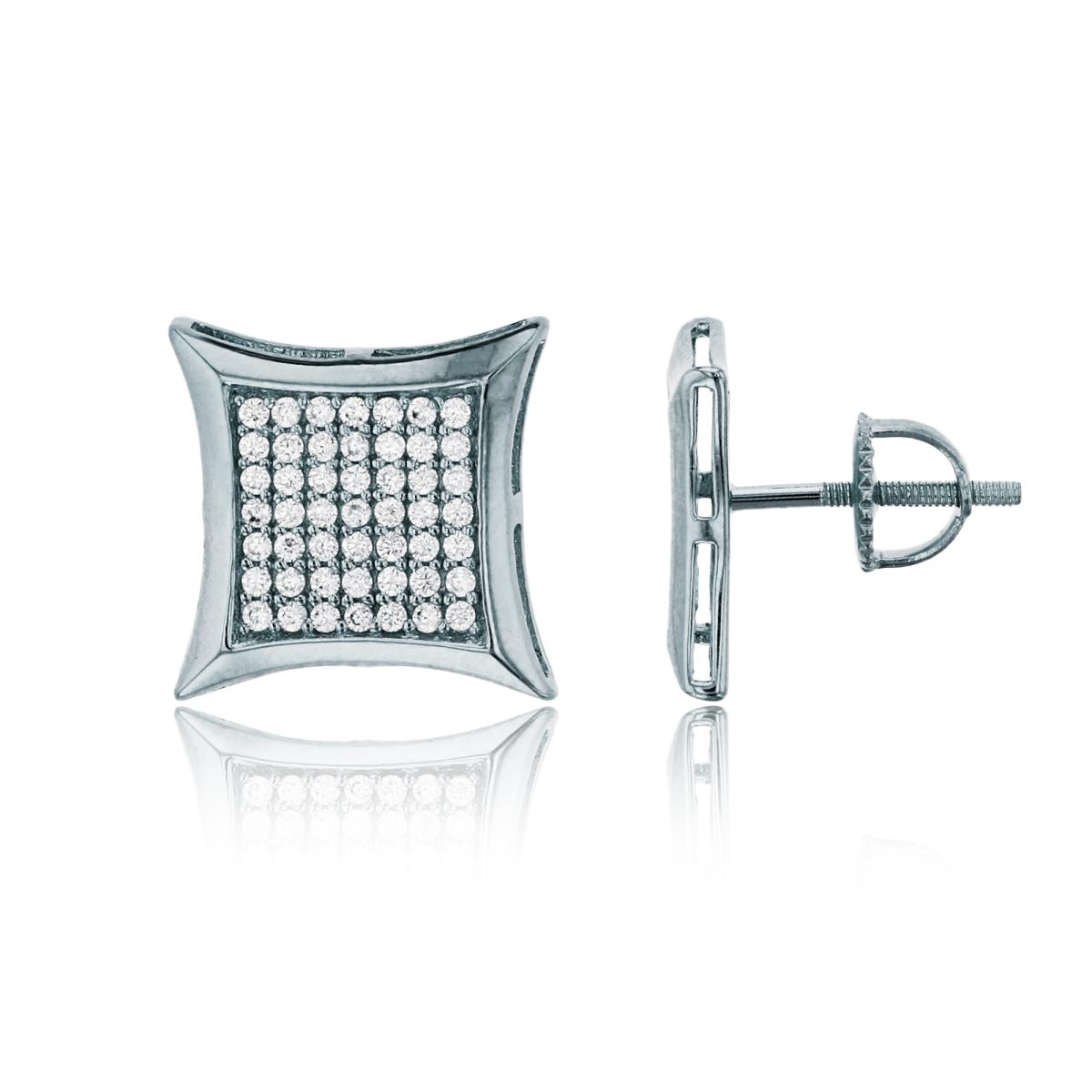 Sterling Silver Rhodium Pave 12.75mm Polished Curved Square Screw-Back Stud Earring