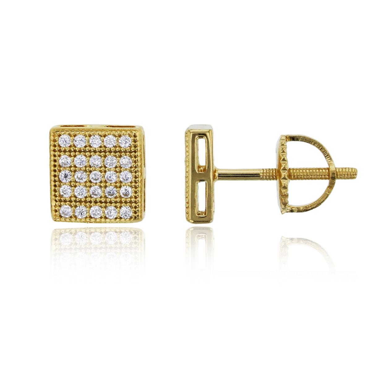 Sterling Silver Yellow Pave 7mm Milgrain Square Screw-Back Stud Earring
