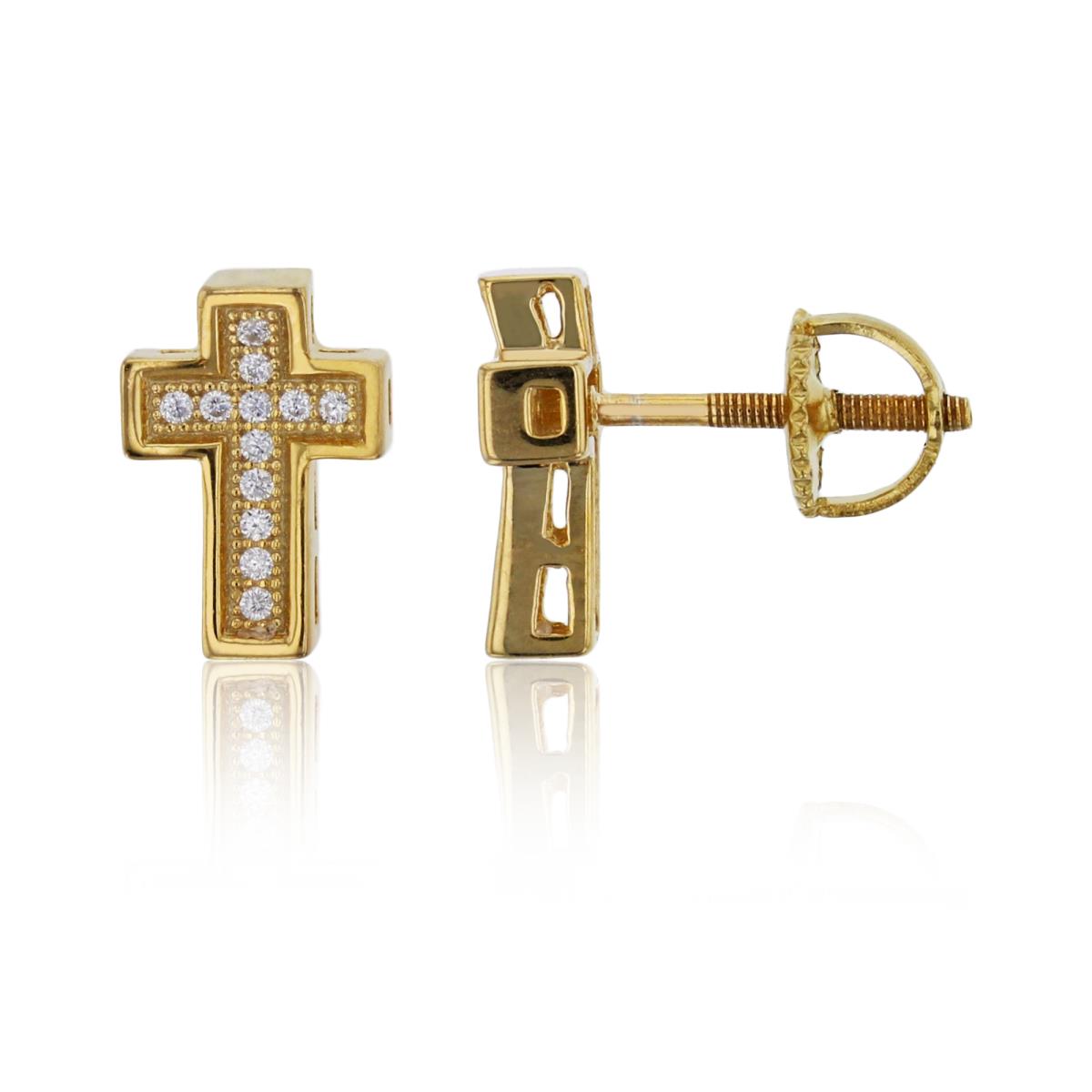 Sterling Silver Yellow Pave 11x8mm Cross Screw Back Stud Earring