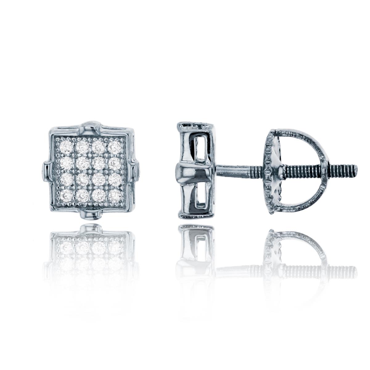 Sterling Silver Rhodium Pave 7mm Square Screw Back Stud Earring
