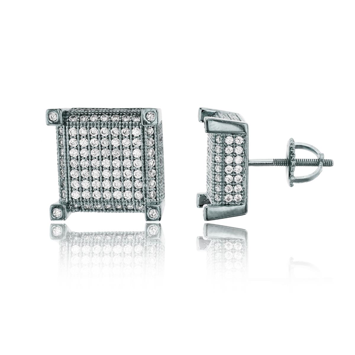 Sterling Silver Rhodium Pave 12mm Square Mens Screw Back Stud Earring