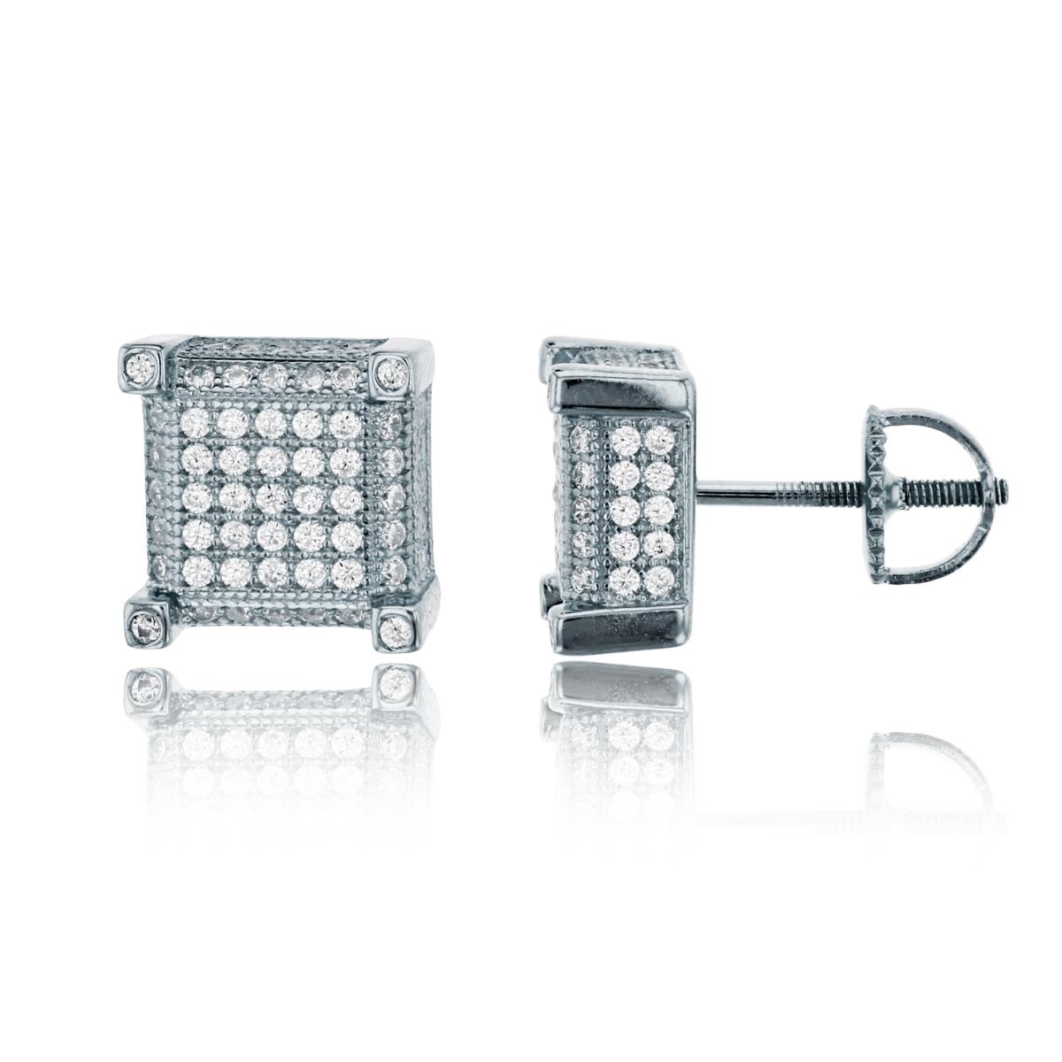 Sterling Silver Rhodium Pave 9.5mm 3D Square Screw Back Stud Earring