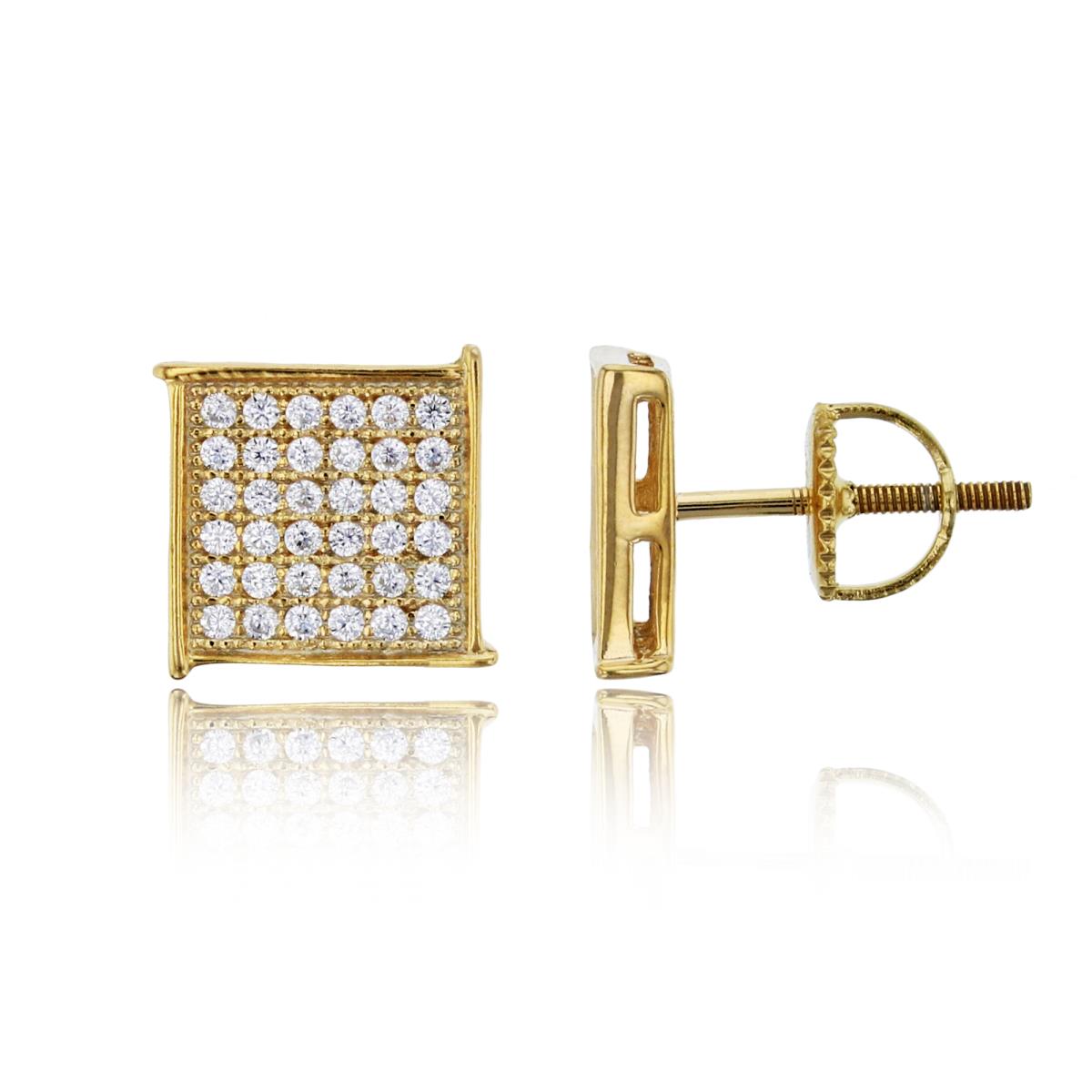 Sterling Silver Yellow Pave 9.50mm Square Screw-Back Stud Earring