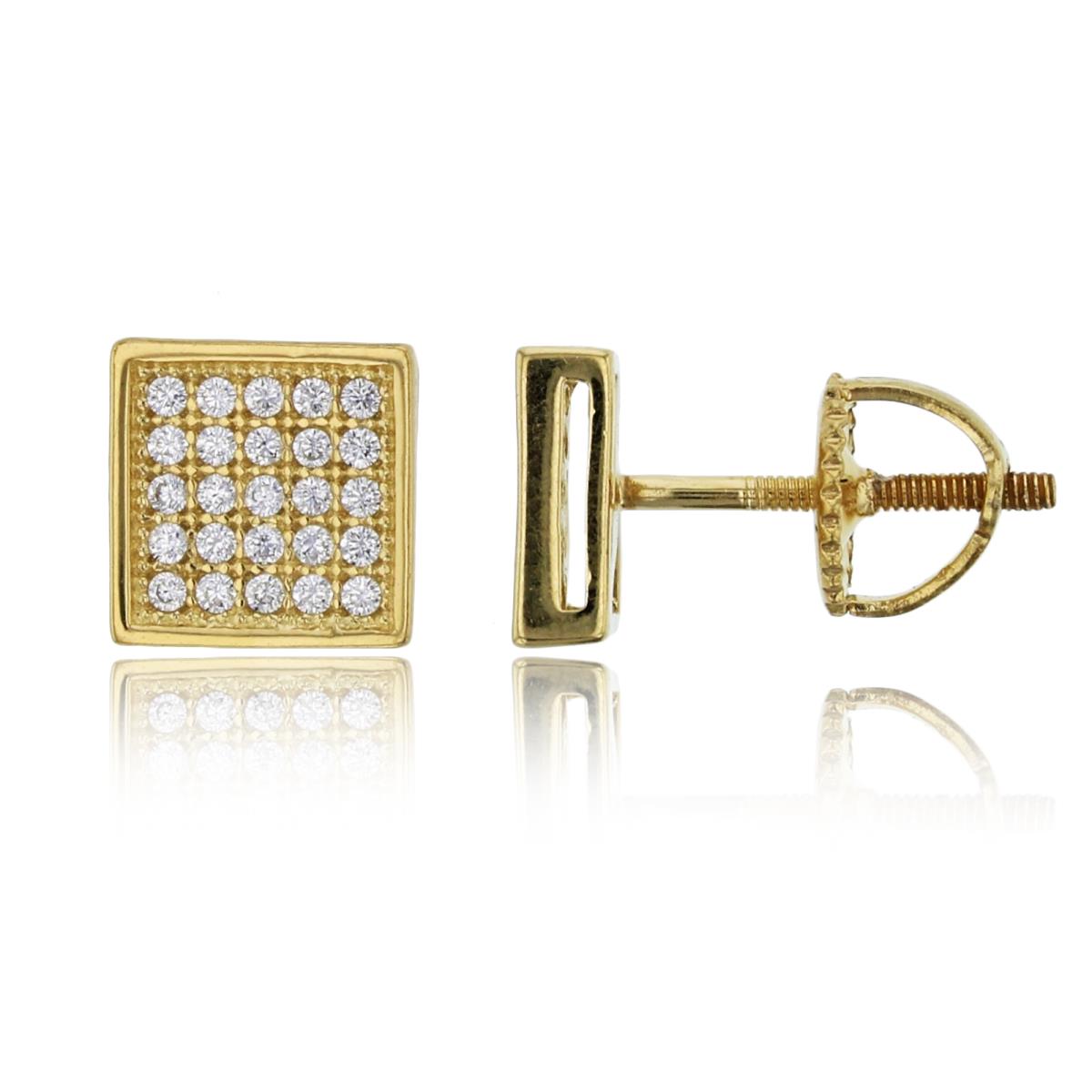 Sterling Silver Yellow Pave 7.5mm Flat Square Screw Back Stud Earring