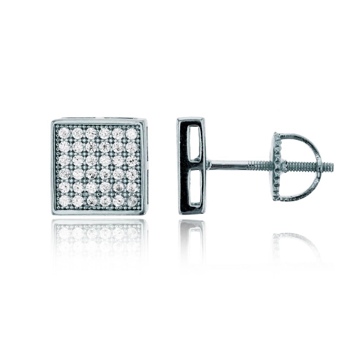 Sterling Silver Rhodium Pave 8.50mm Square Screw-Back Stud Earring