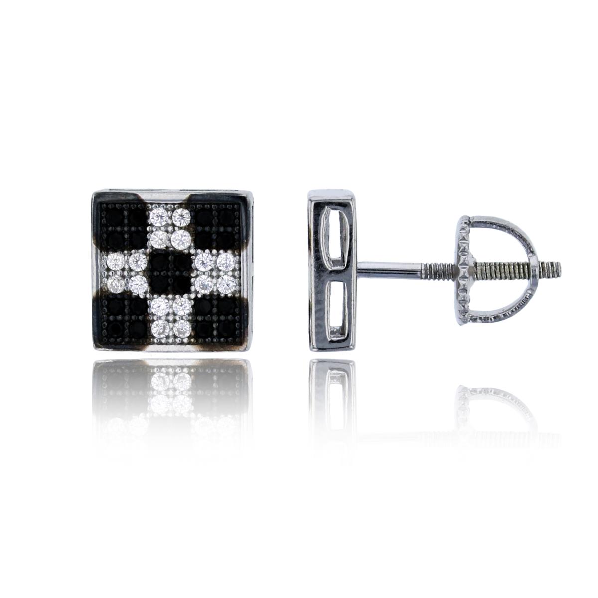 Sterling Silver Black & White Pave 8.50mm Black & White CZ Square Screw-Back Stud Earring