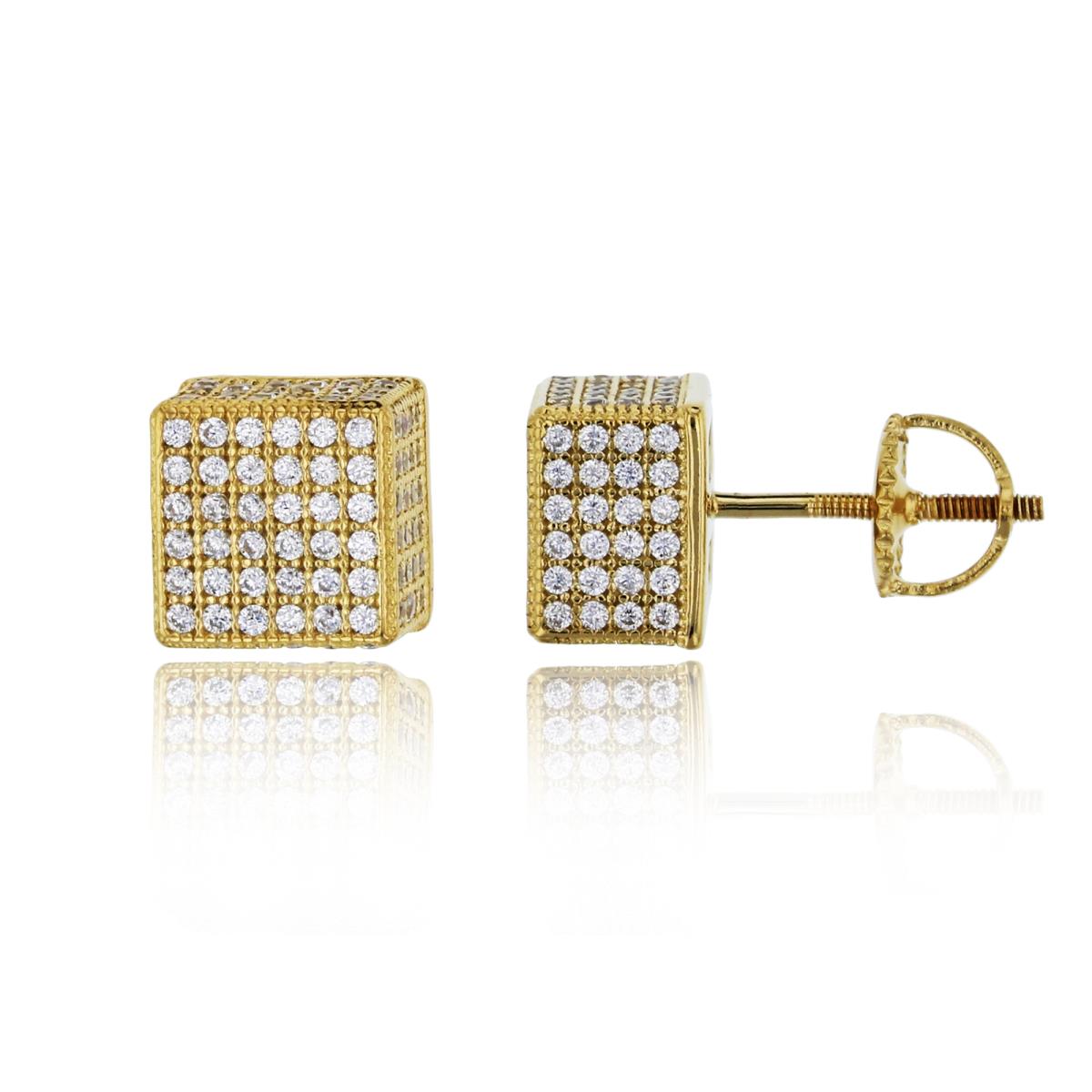 Sterling Silver Yellow Pave 8mm Cube Screw-Back Stud Earring