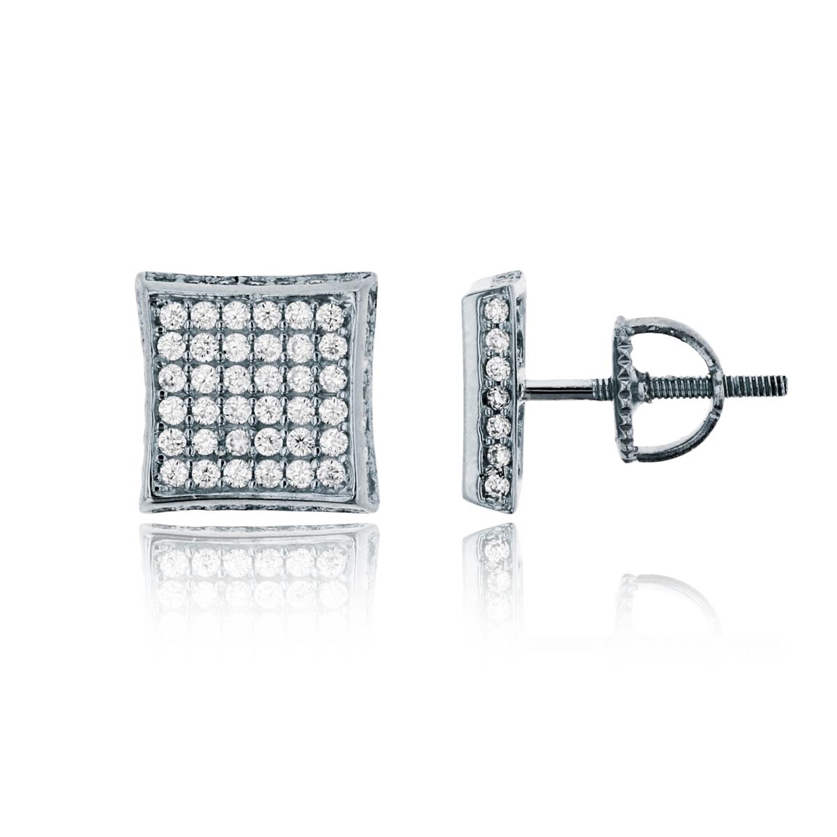 Sterling Silver Rhodium Pave 9.30mm Square Screw-Back Stud Earring