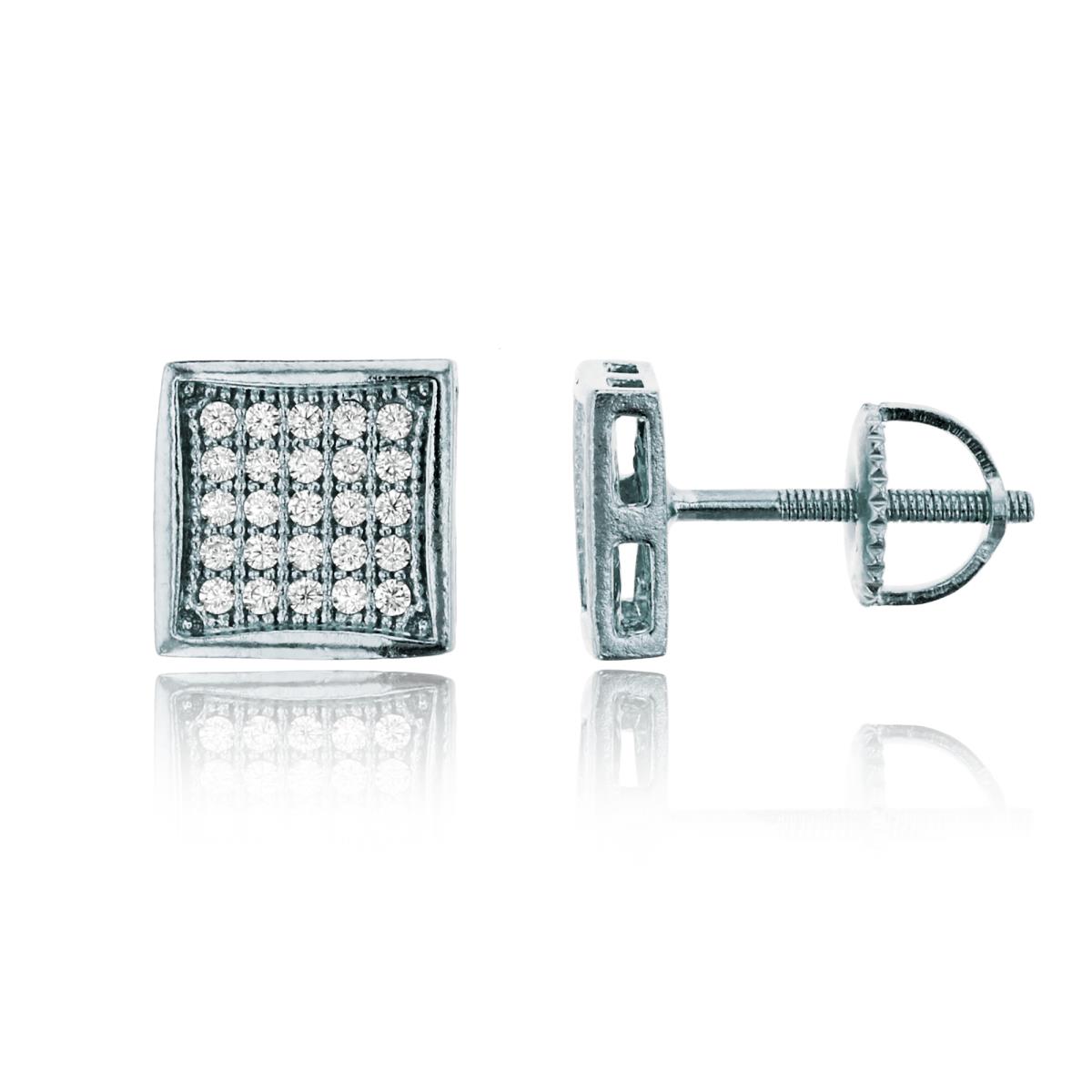 Sterling Silver Rhodium Micropave Polished 8mm Square Screw-Back Stud Earring