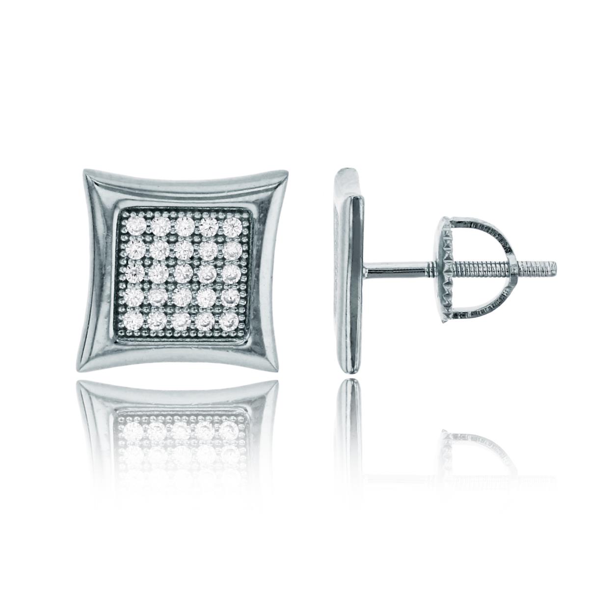 Sterling Silver Rhodium Pave 10mm Flat Curved Square Screw Back Stud Earring