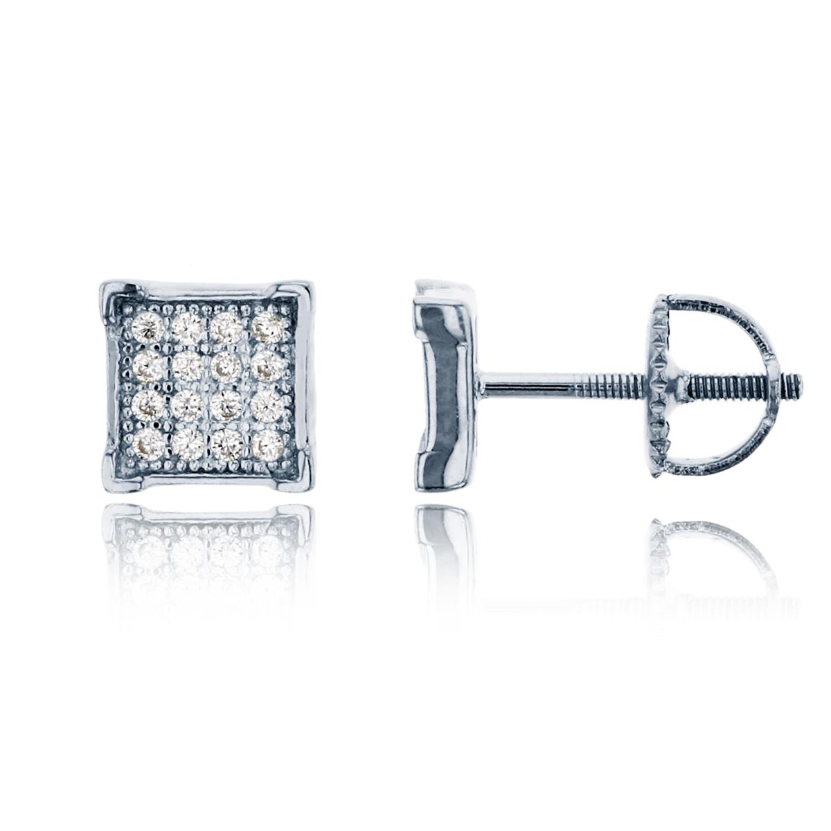 Sterling Silver Rhodium Micropave 6.50mm Square Screw-Back Stud Earring