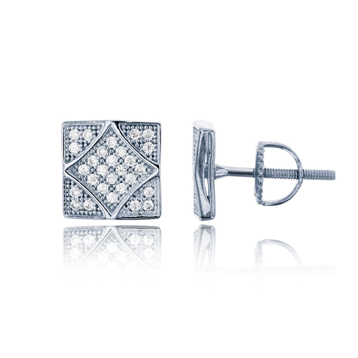 Sterling Silver Rhodium Micropave 9mm Rhombus inside Square Screw-Back Stud Earring