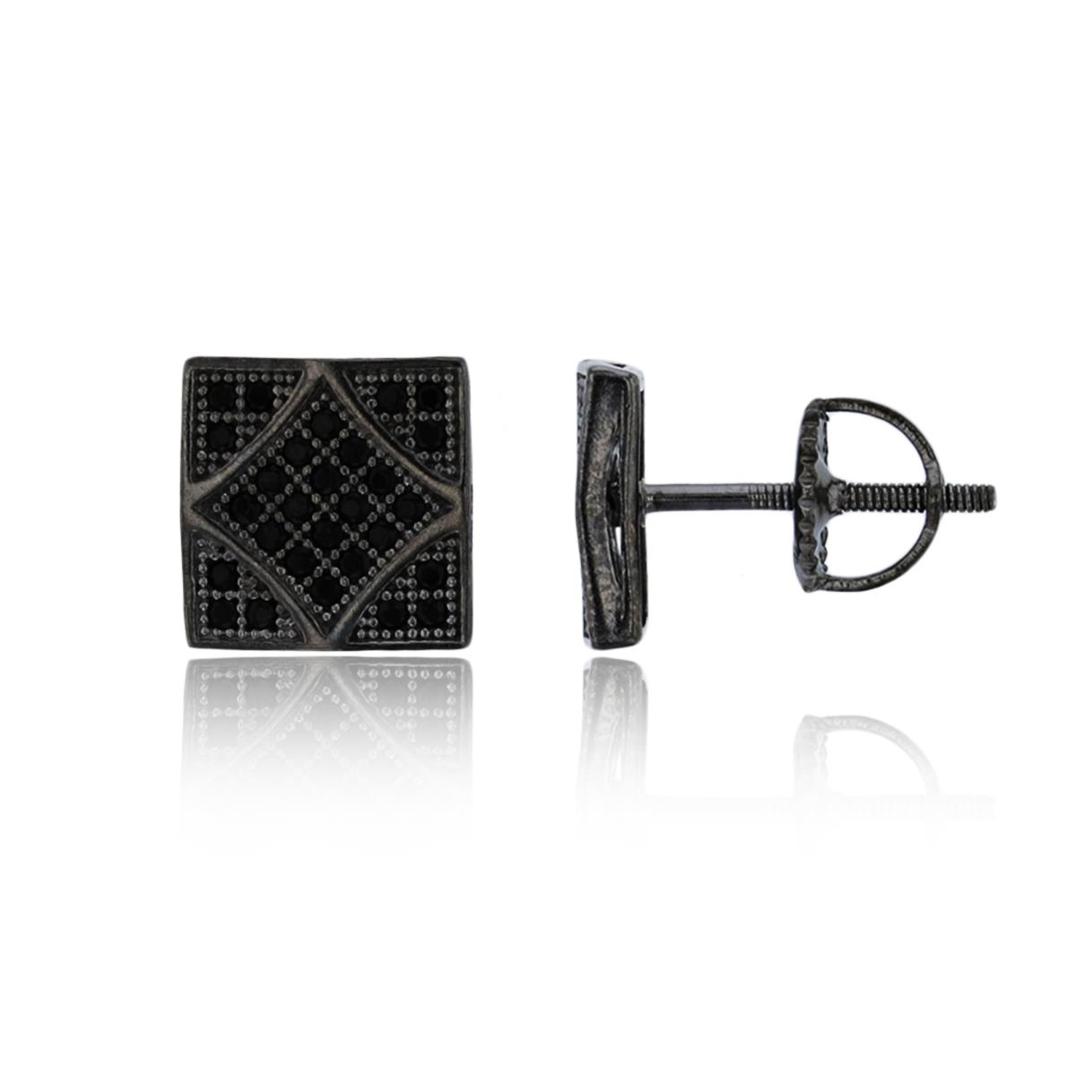 Sterling Silver Black Micropave 9mm Rhombus inside Square Black CZ Screw-Back Stud Earring