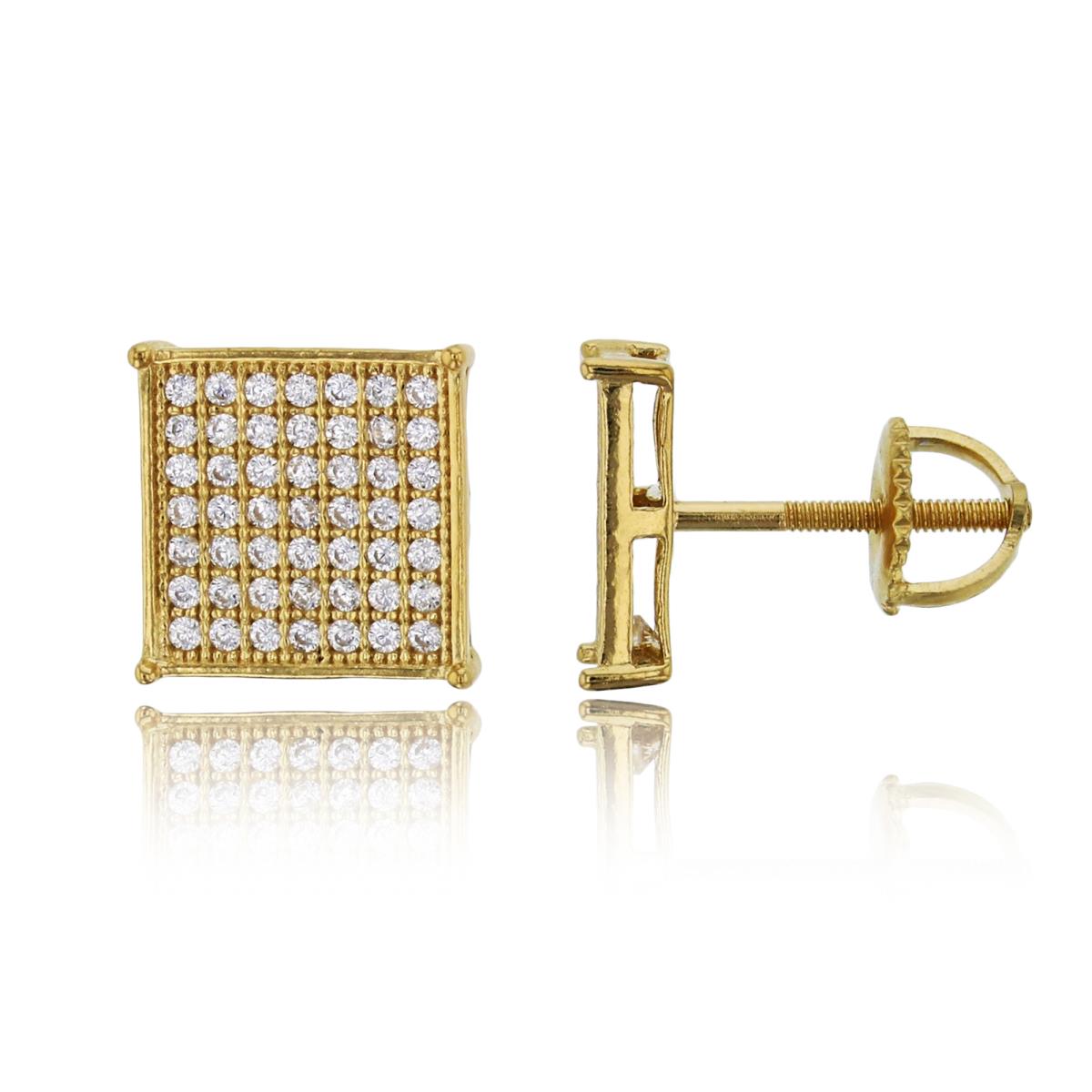Sterling Silver Yellow Pave 10mm Square Screw Back Stud Earring