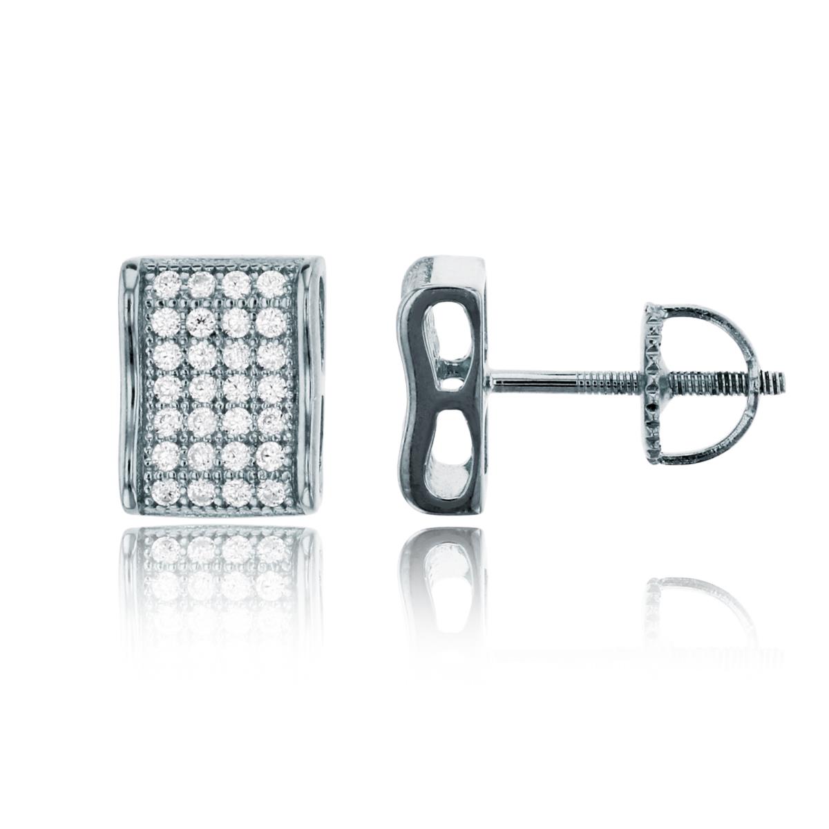 Sterling Silver Rhodium Pave 8x7mm Rectangle Screw Back Stud Earring
