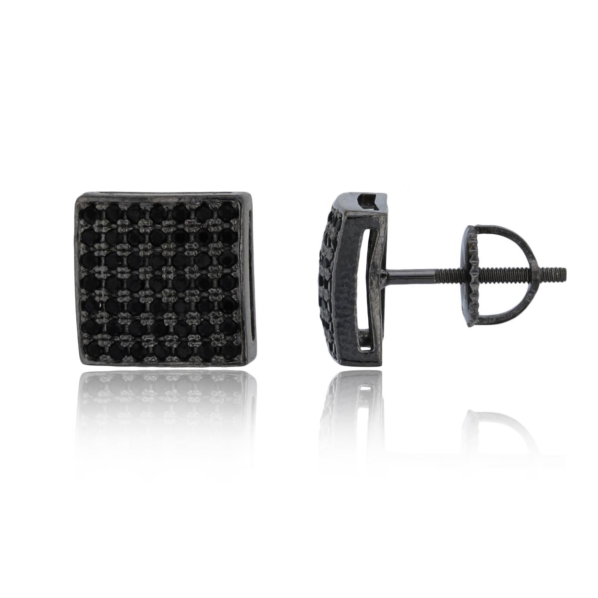 Sterling Silver Black 9mm Micropave Black CZ Square Screwback Stud Earring