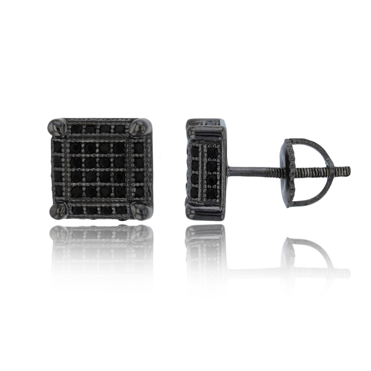 Sterling Silver Black Polished 8mm Micropave Black CZ Square Screw-Back Stud Earring