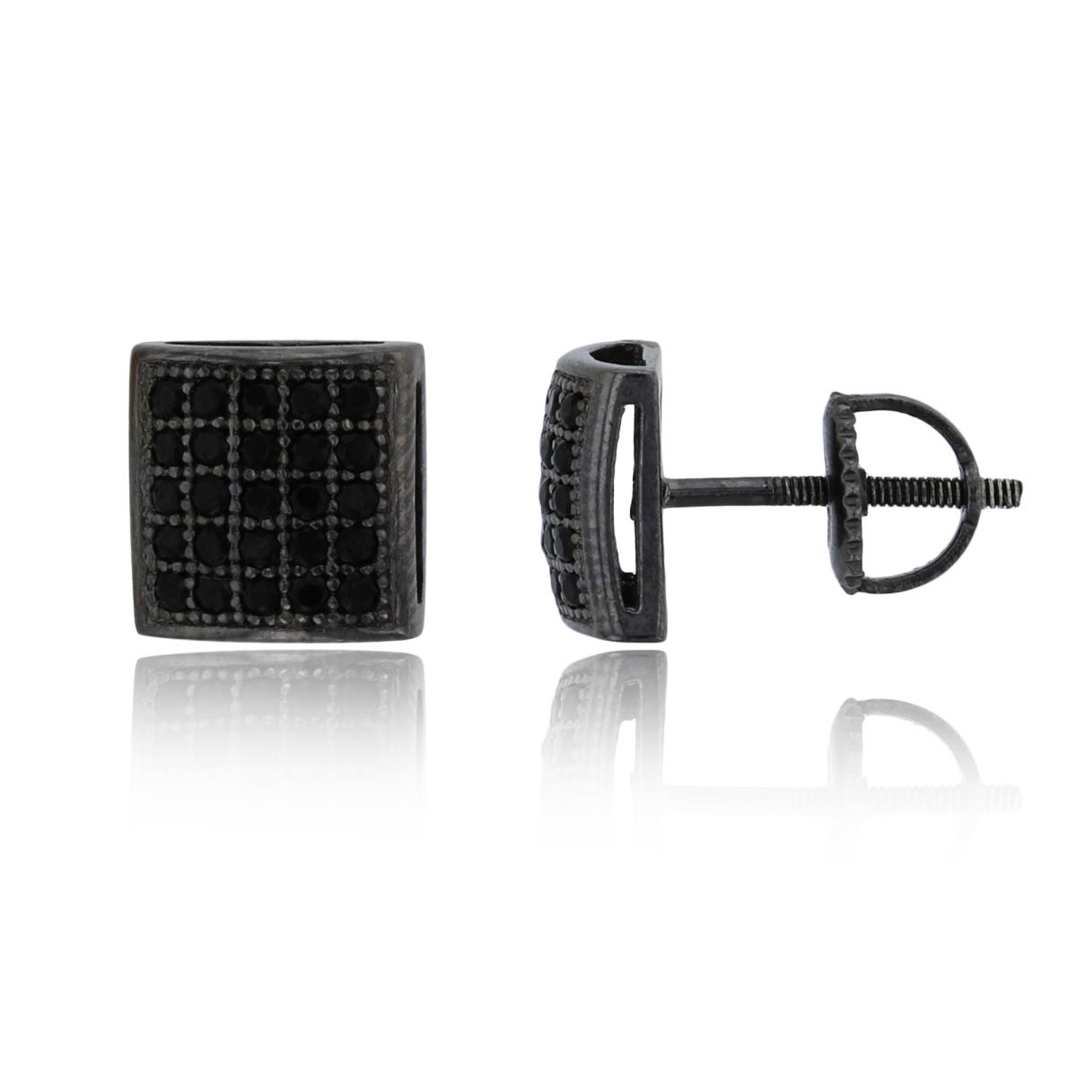 Sterling Silver Black 8mm Micropave Black CZ Square Screwback Stud Earring