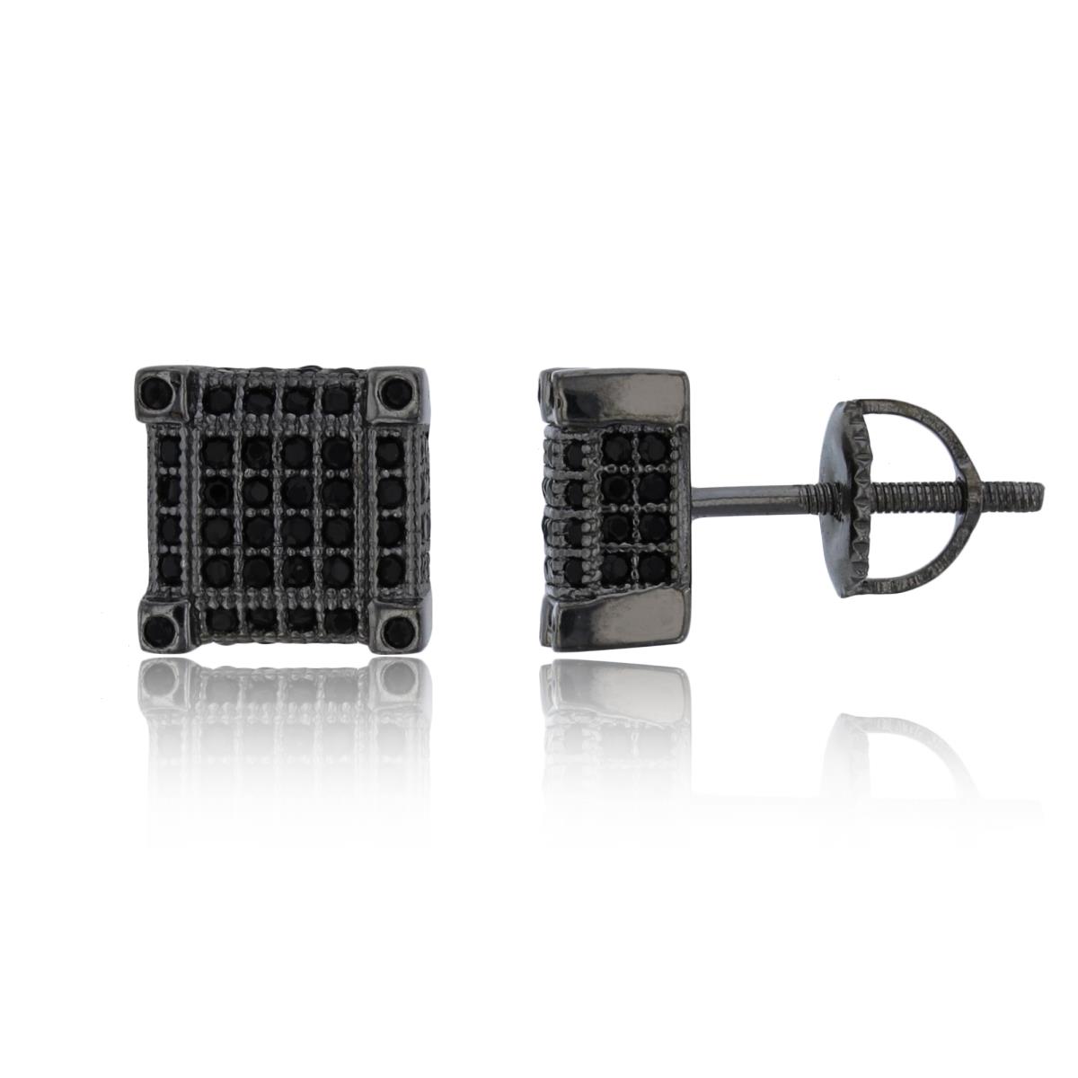 Sterling Silver Black Pave Black CZ 8.60mm Prong Square Screw-Back Stud Earring