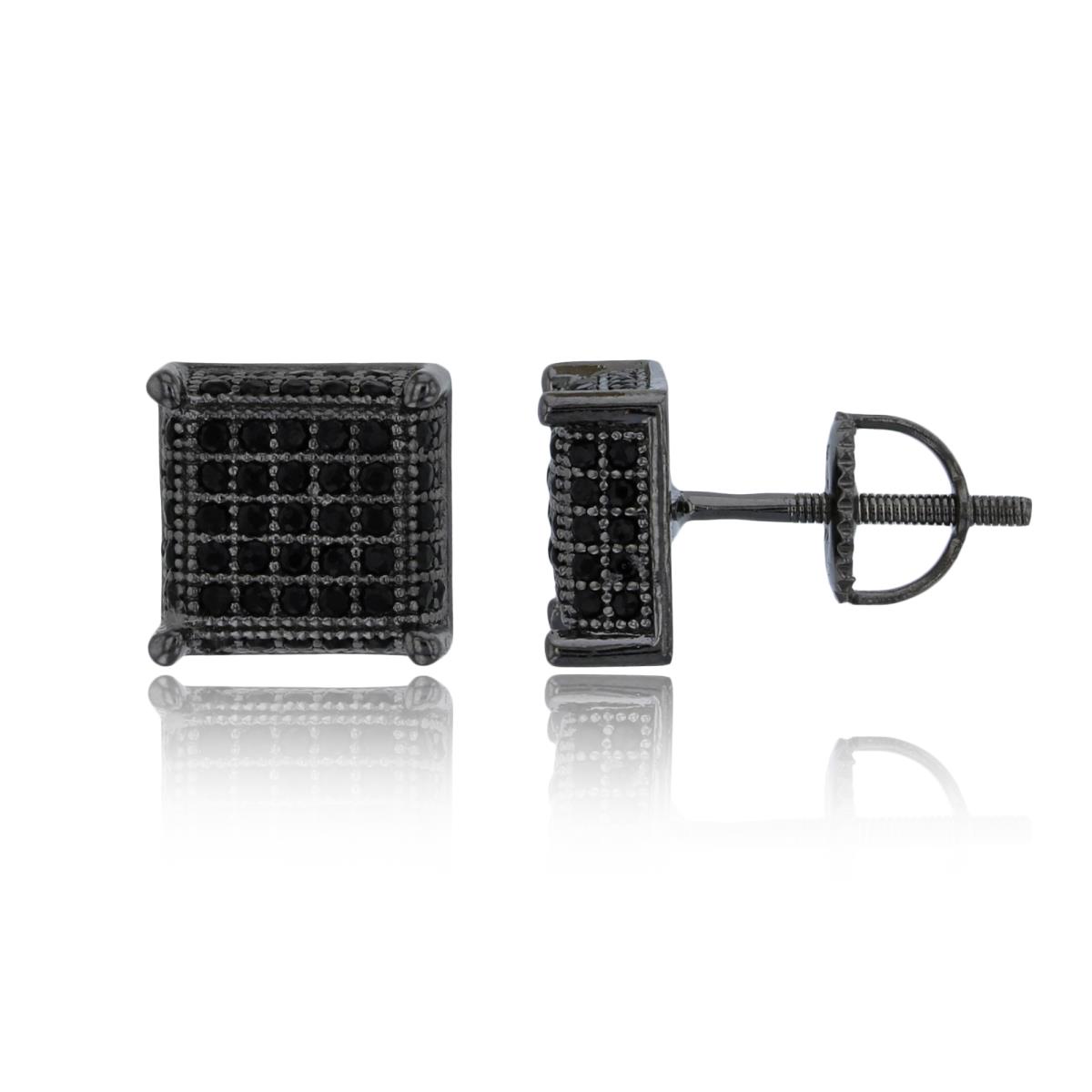 Sterling Silver Black Polished 9mm Micropave Black CZ Prong Square Screw-Back Stud Earring