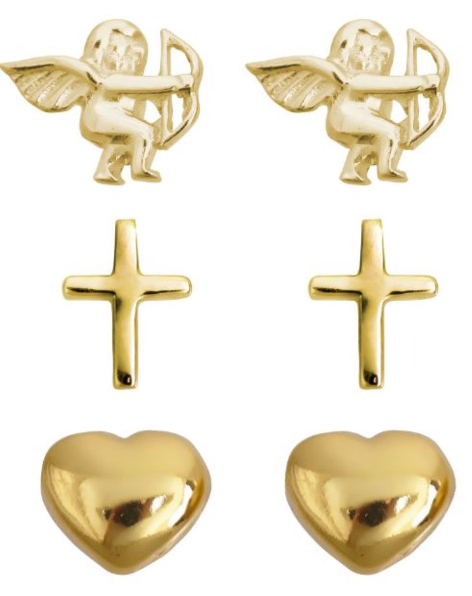 Sterling Silver Yellow Polished Cupid,Cross and Heart Stud Set Set