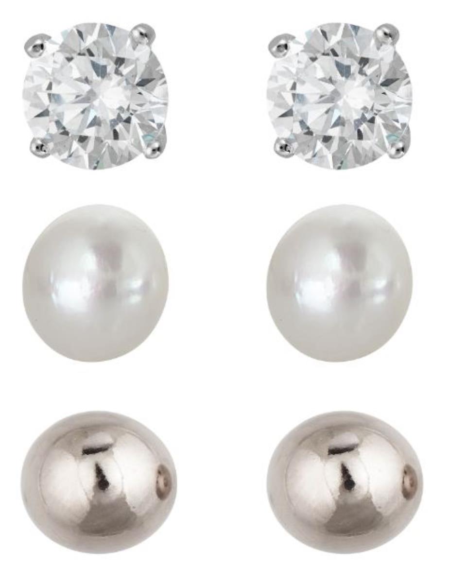 Sterling Silver Rhodium 6mm Rd Solitaire, Pearl and Ball Stud Set