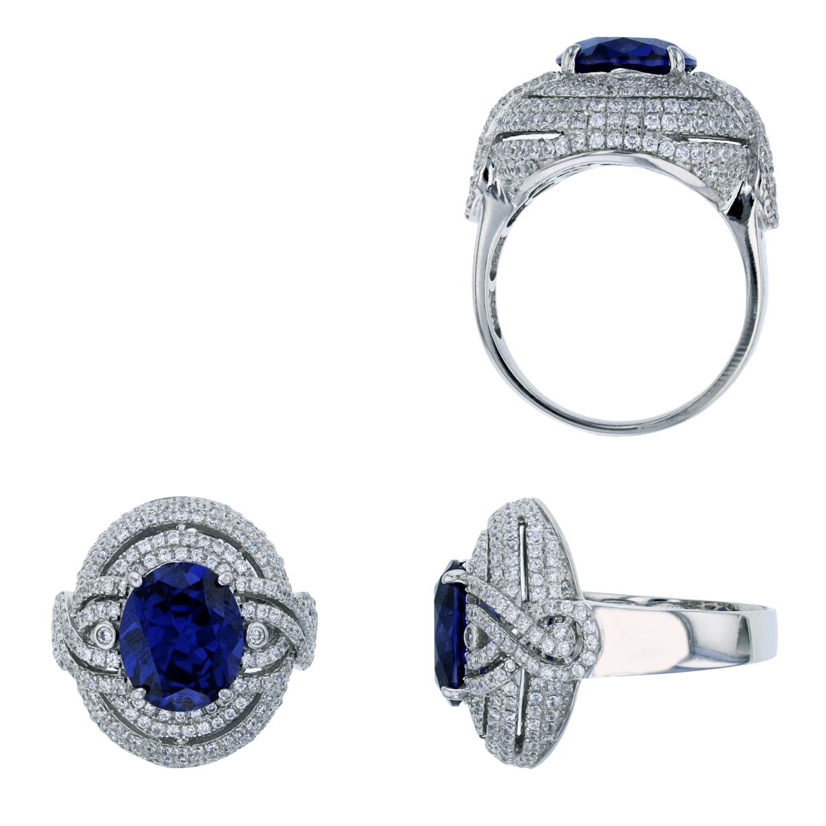 Sterling Silver Rhodium 12x10mm Oval Cut Tanzanite & Micropave Multi-Rows Domed Engagement Ring