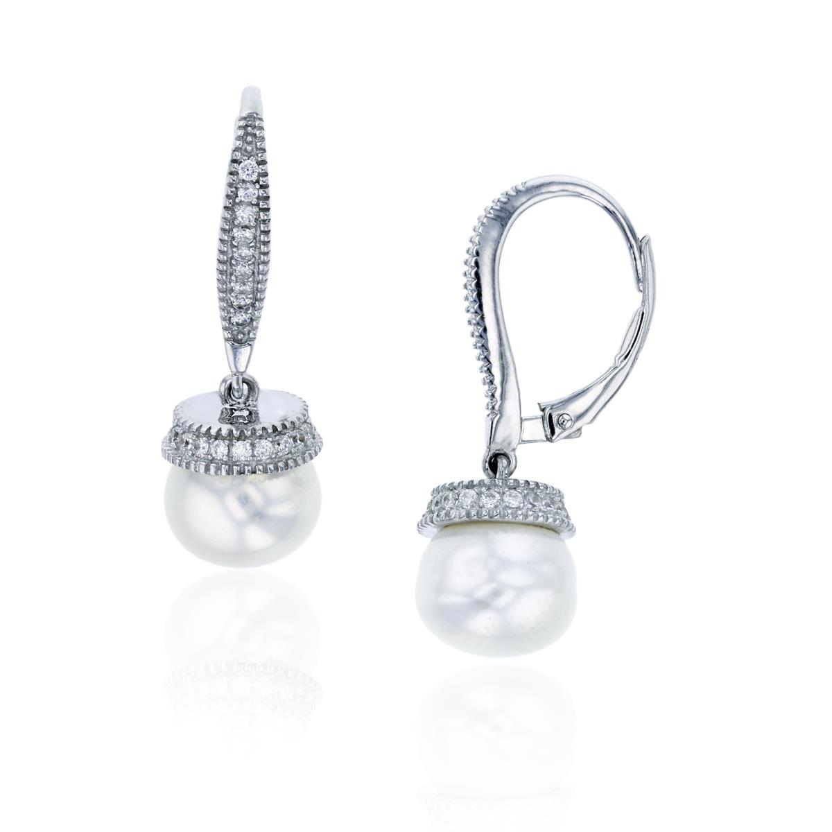 Sterling Silver Rhodium Milgrain 9mm Freshwater Pearl & CZ Dangling Earring