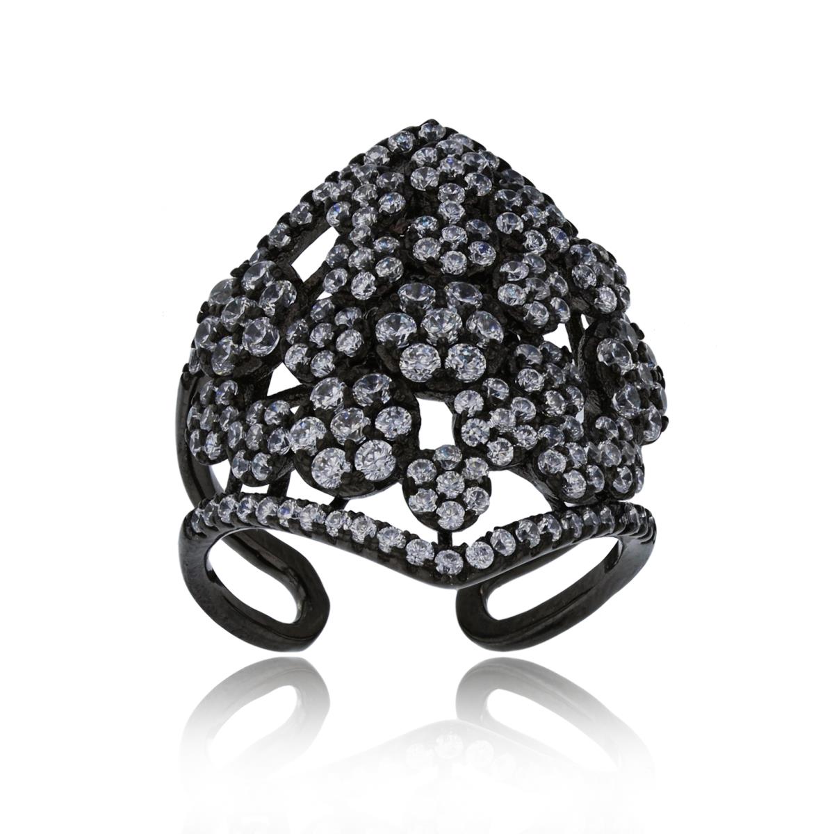Sterling Silver Black Micropave Cluster Flowers Adjustable Fashion Ring