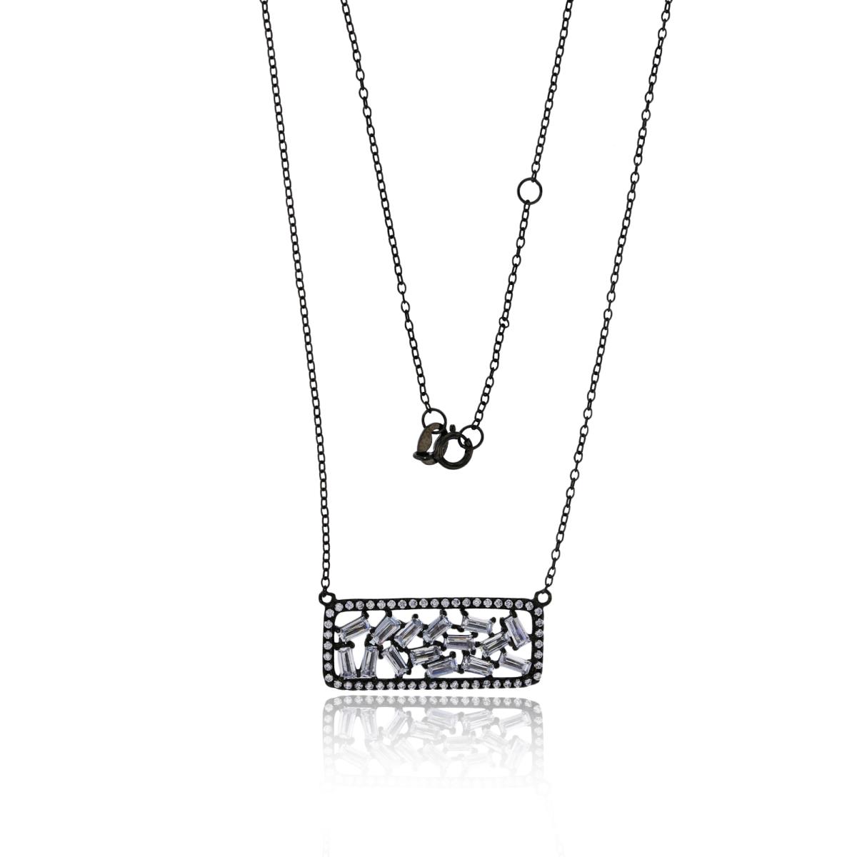 Sterling Silver Black Micropave Rd Cut & Floating Baguette CZ Rectangular 18" Necklace