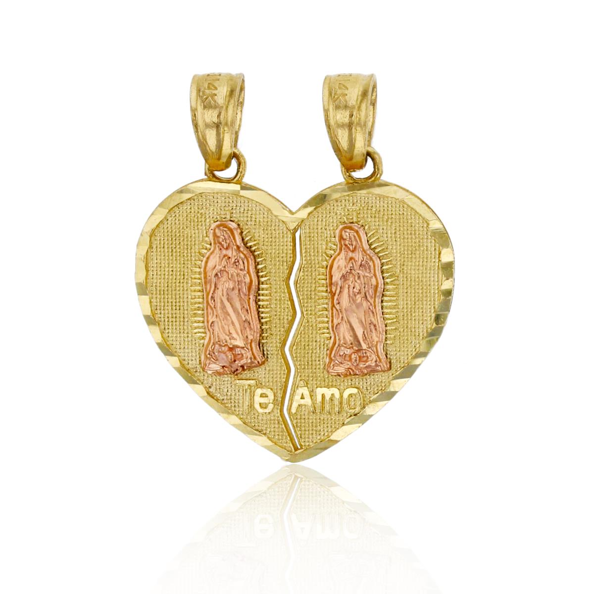 14K Yellow and Rose Gold DC Textured Sharing Heart Te Amo Guadalupe Charm Pendant