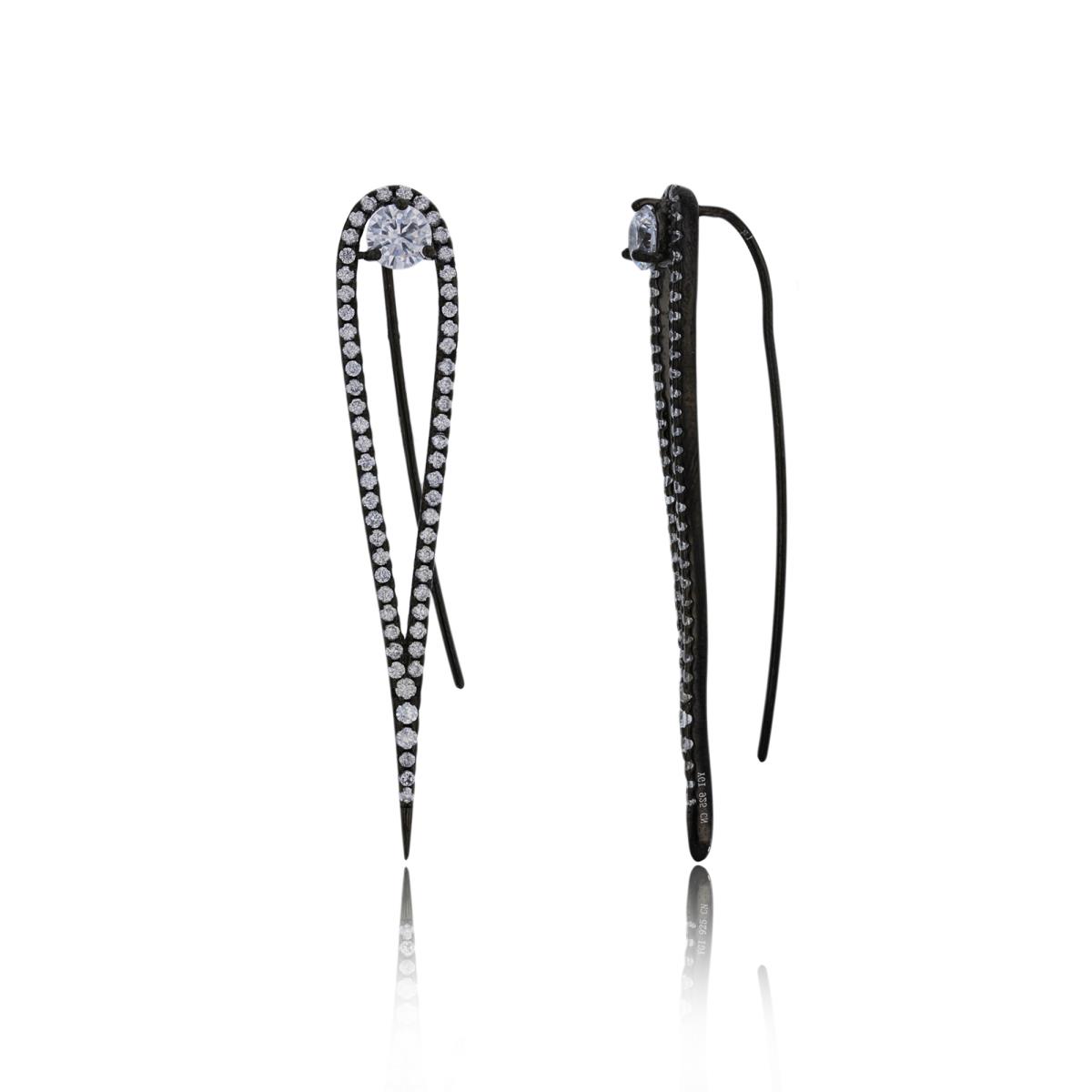 Sterling Silver Rose 46x8mm Micropave Teardrop FishHook Earring