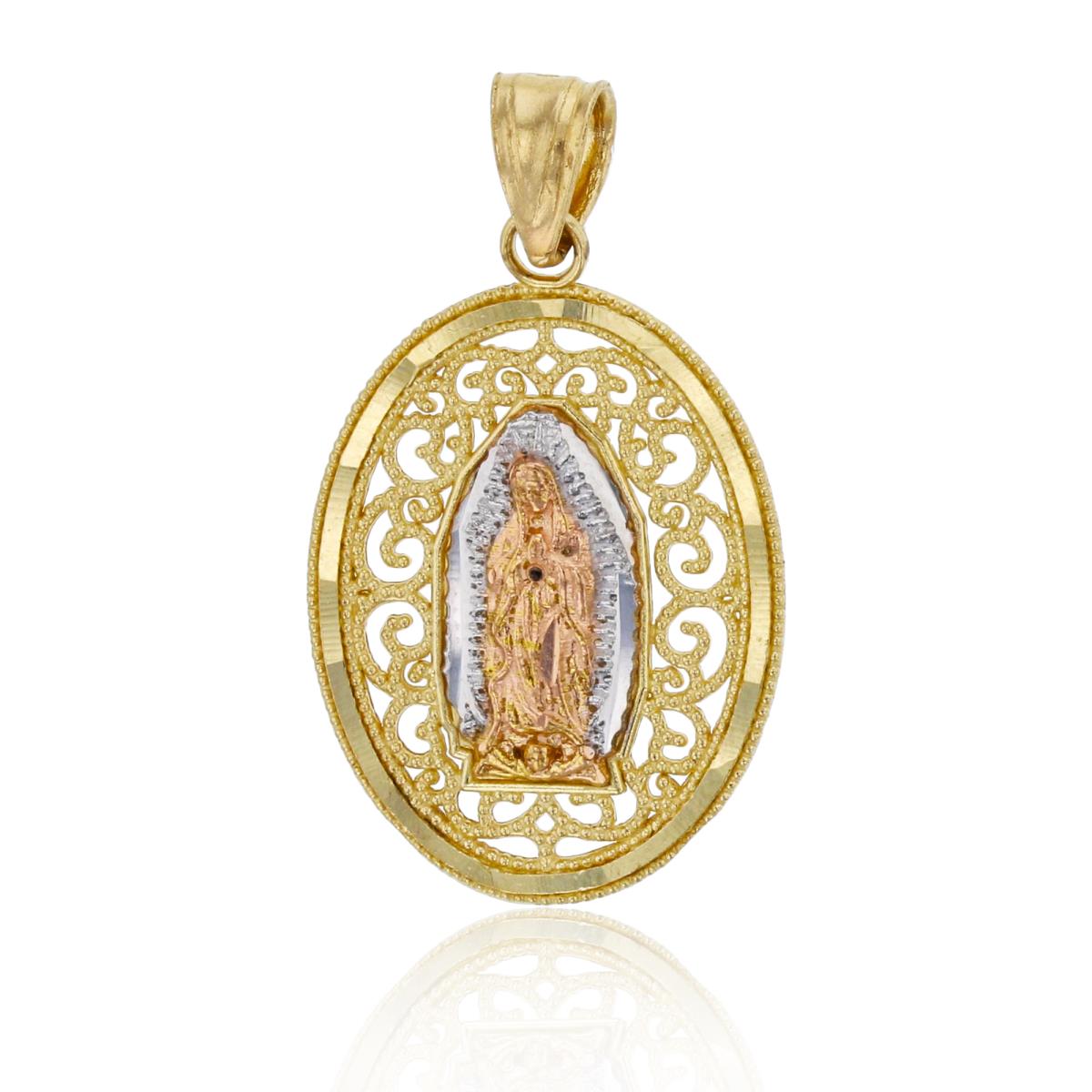 14K Tricolor Gold Textured Milgrain Filigree Virgin Mary Pendant