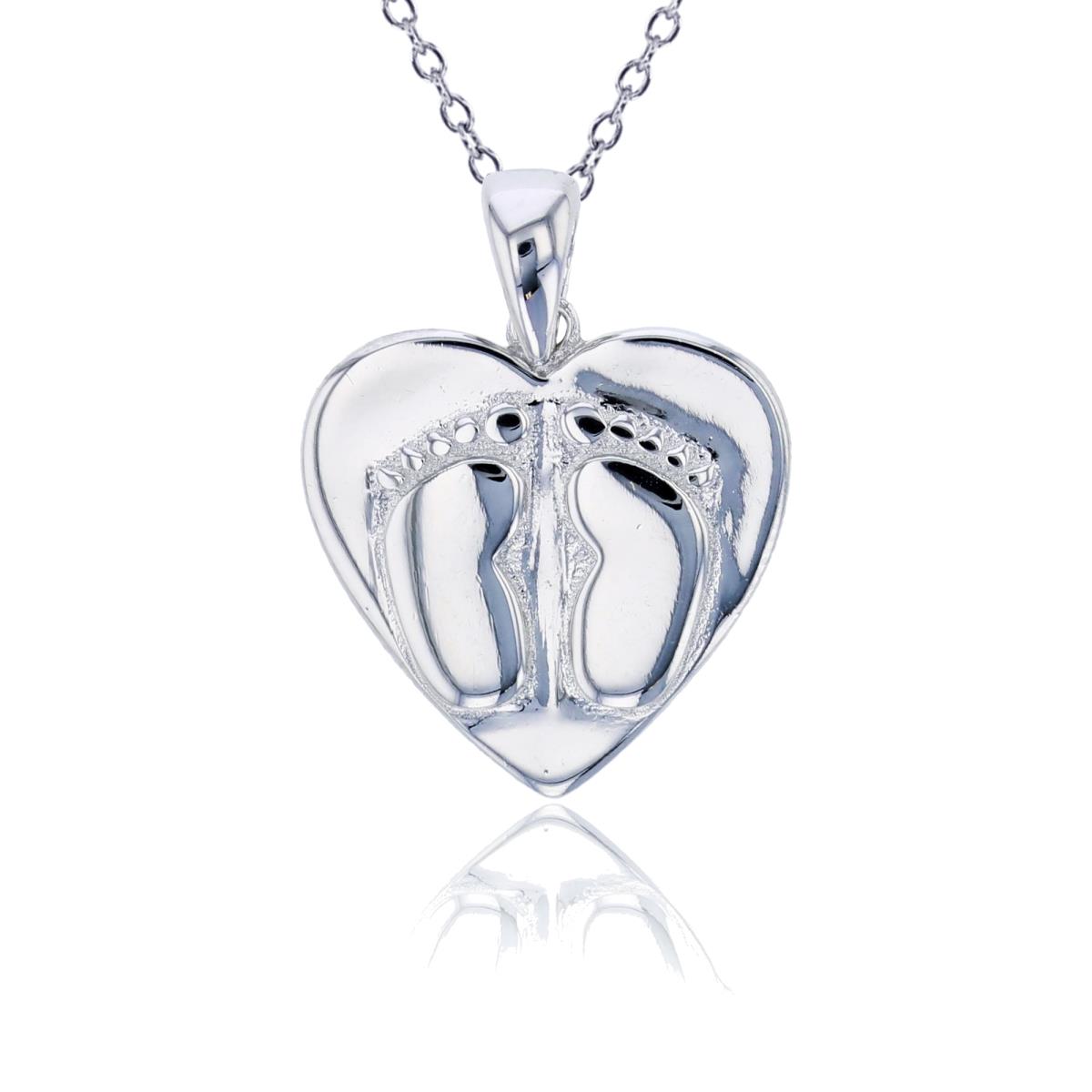 Sterling Silver Rhodium Heart Baby Feet 13+2" Necklace