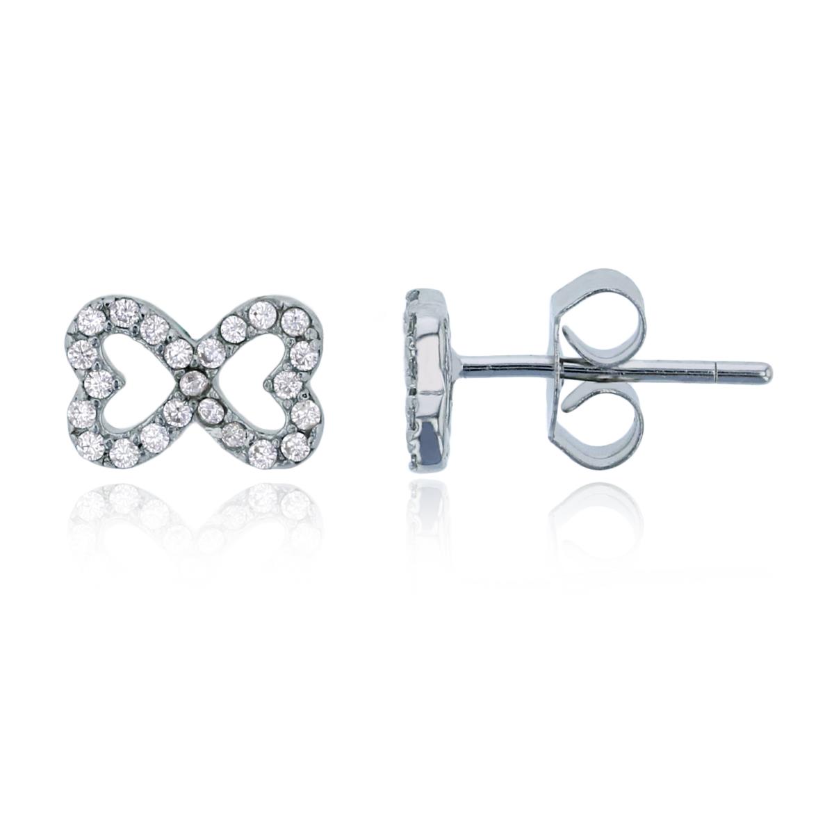 Sterling Silver Rhodium 6x8mm Micropave Heart Bow Stud Earring
