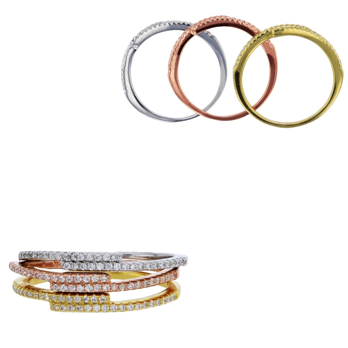 Sterling Silver Tricolor Micropave Stack Rings