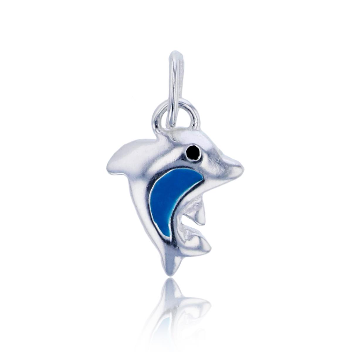 Sterling Silver Rhodium Sky Blue Enamel Polished 15x9mm Dolphin Pendant