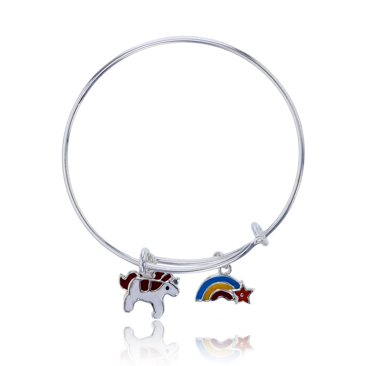 Sterling Silver Rhodium Enamel Unicorn & Rainbow Kids 14x12mm Bangle Bracelet