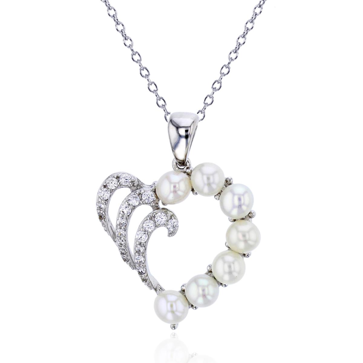 Sterling Silver Rhodium 25x19mm Fresh Water Pearl & CZ Heart 18" Necklace