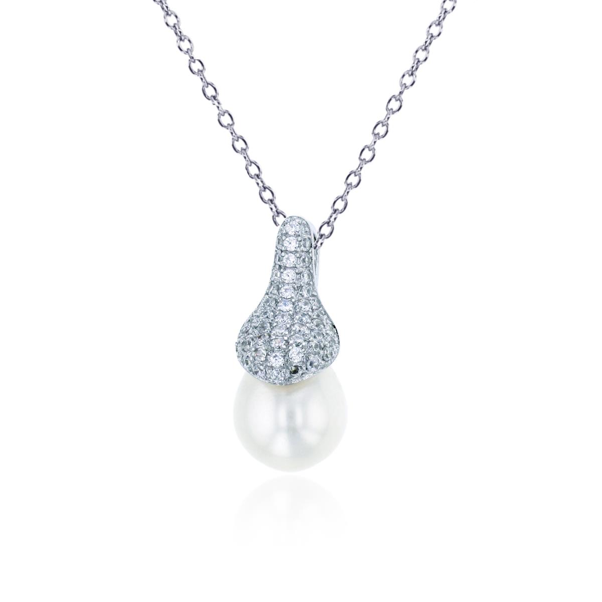 Sterling Silver Rhodium 10mm Freshwater Pearl & Micropave Clear CZ 18" Necklace