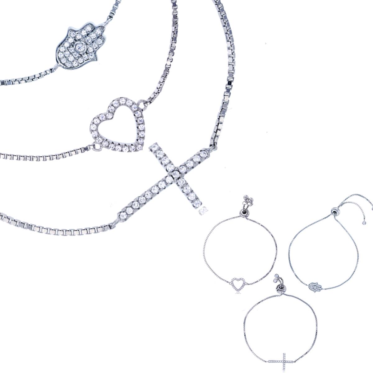 Sterling Silver Rhodium Heart, Cross & Hamsa Adjustable Bracelet Set