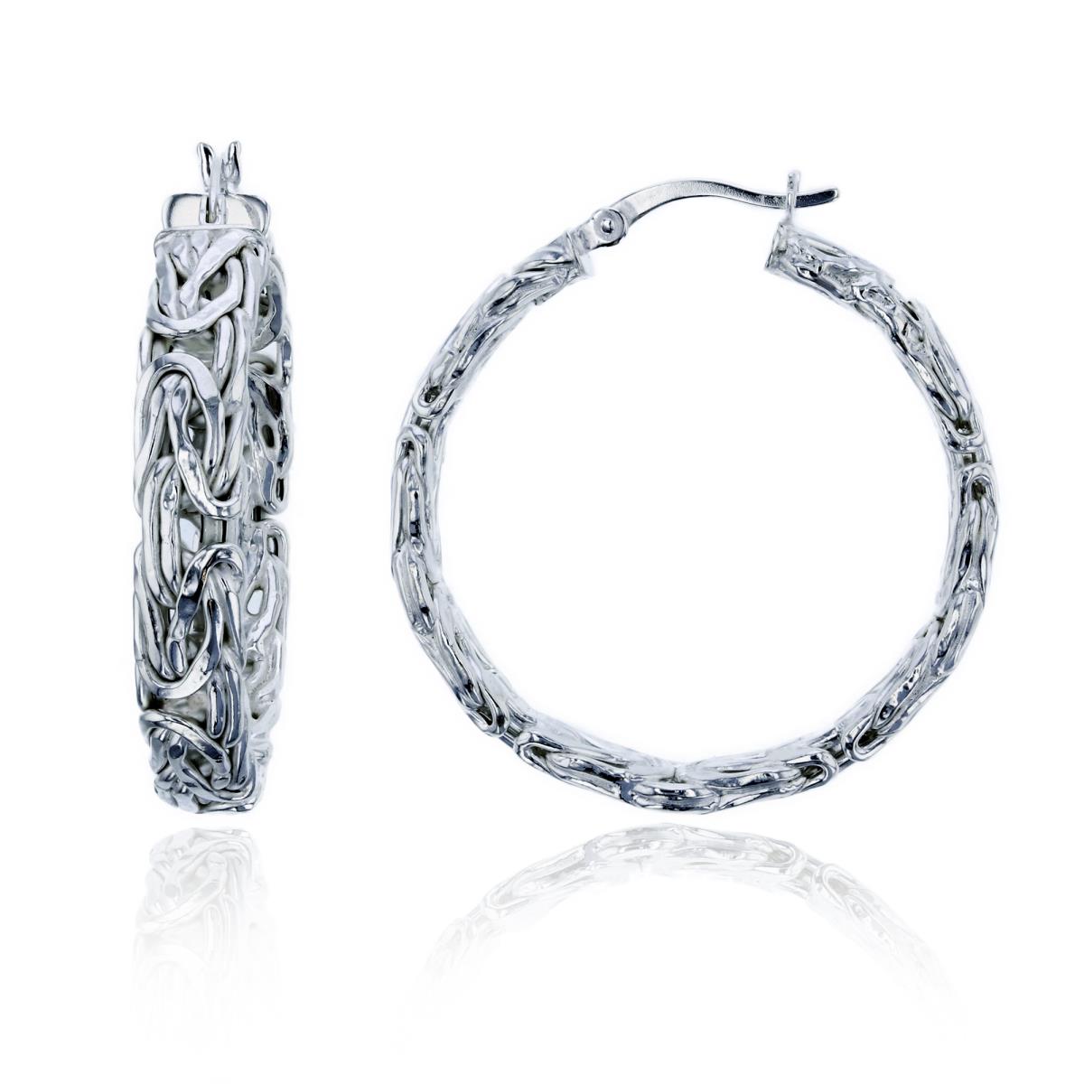 Sterling Silver Silver Plated 35x6mm Byzantine Hoop Earring