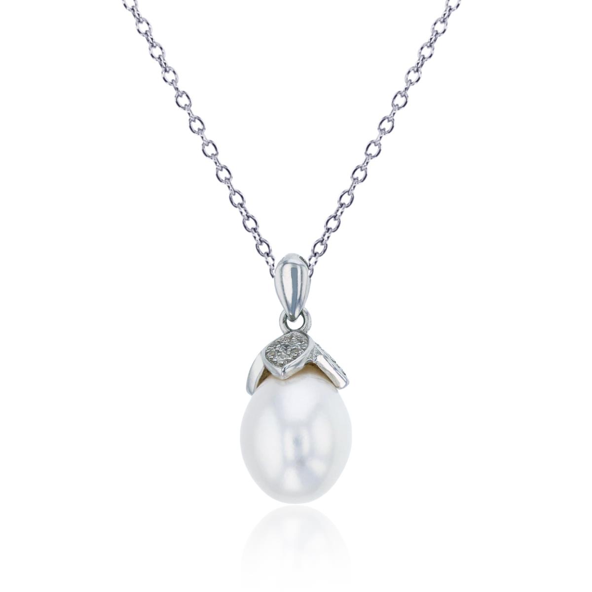 Sterling Silver Rhodium 20x9mm Freshwater Pearl & CZ Flower 18" Necklace