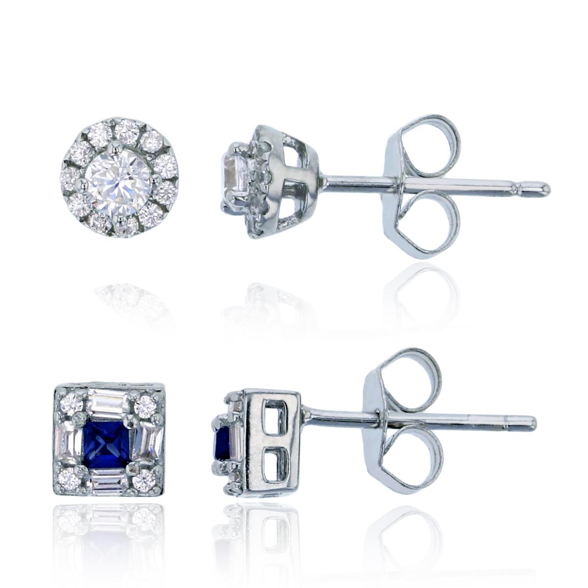 Sterling Silver Rhodium Pave Round & Square Stud Earrings Set