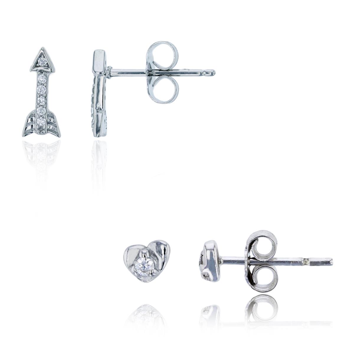 Sterling Silver Rhodium Micropave Petite Arrow & Heart Stud Earring Set