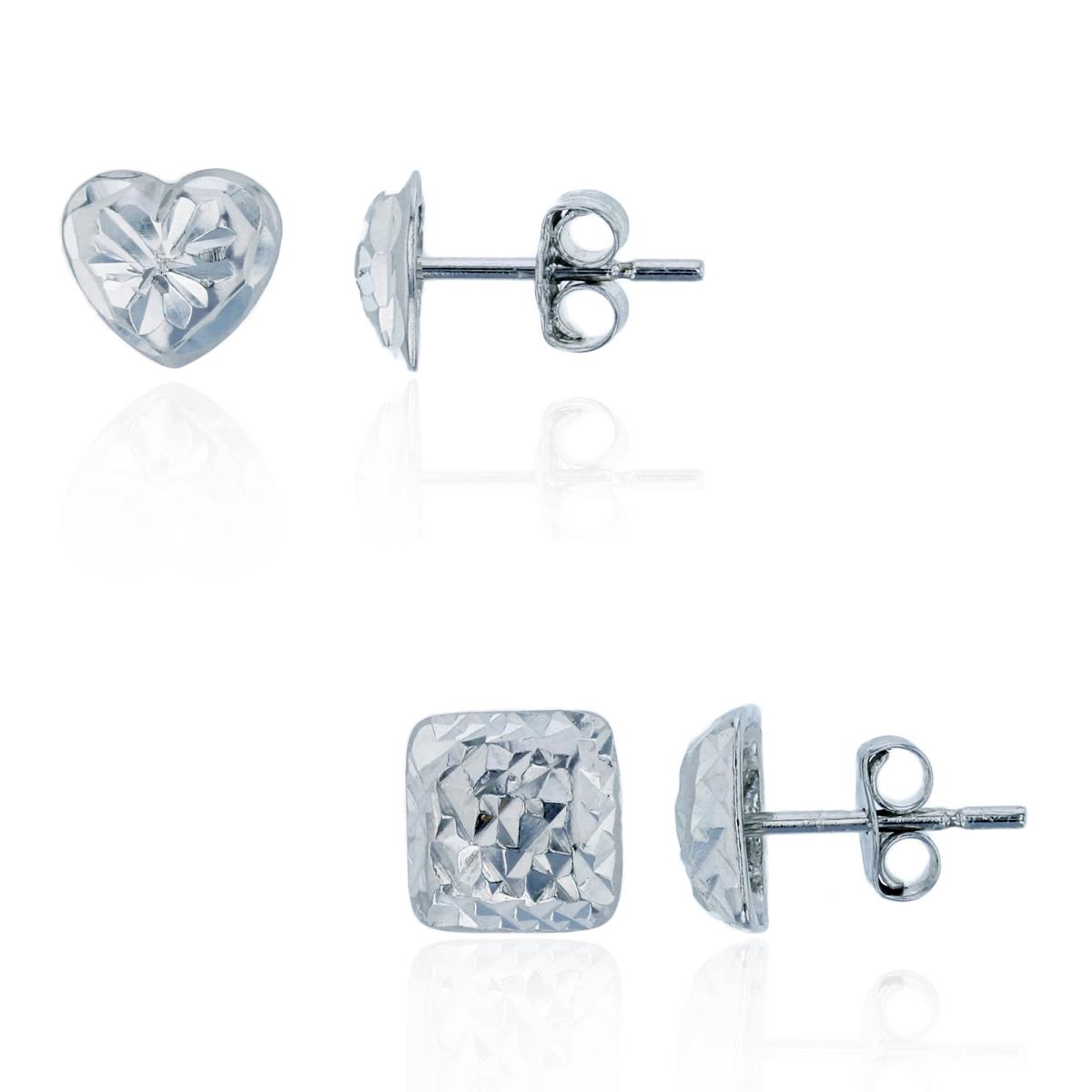 Sterling Silver Rhodium DC Heart & Square Stud Earring Set